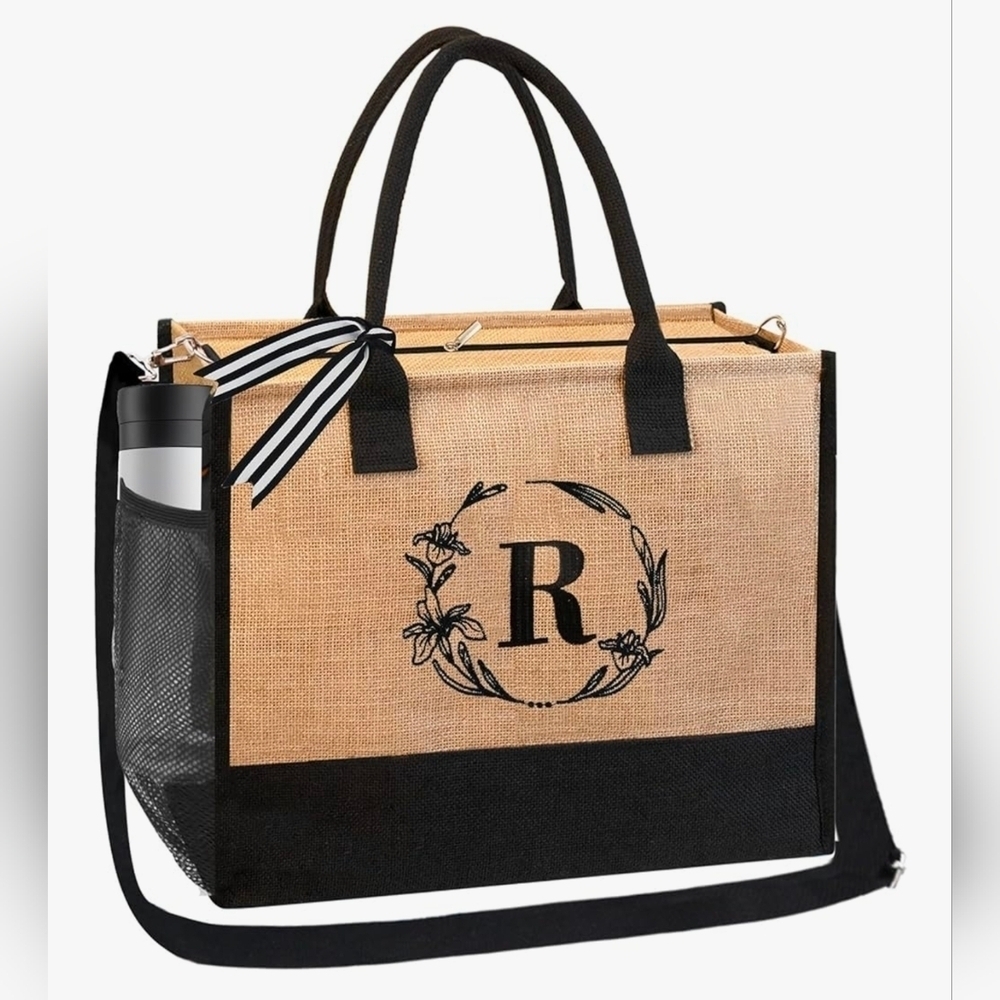 Monogrammed Embroidered Jute Tote Bag Zipper Pocket -Personalized Gift- Letter R